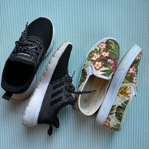 Adidas Black & White Sneakers and Floral Slip-Ons Sz 1